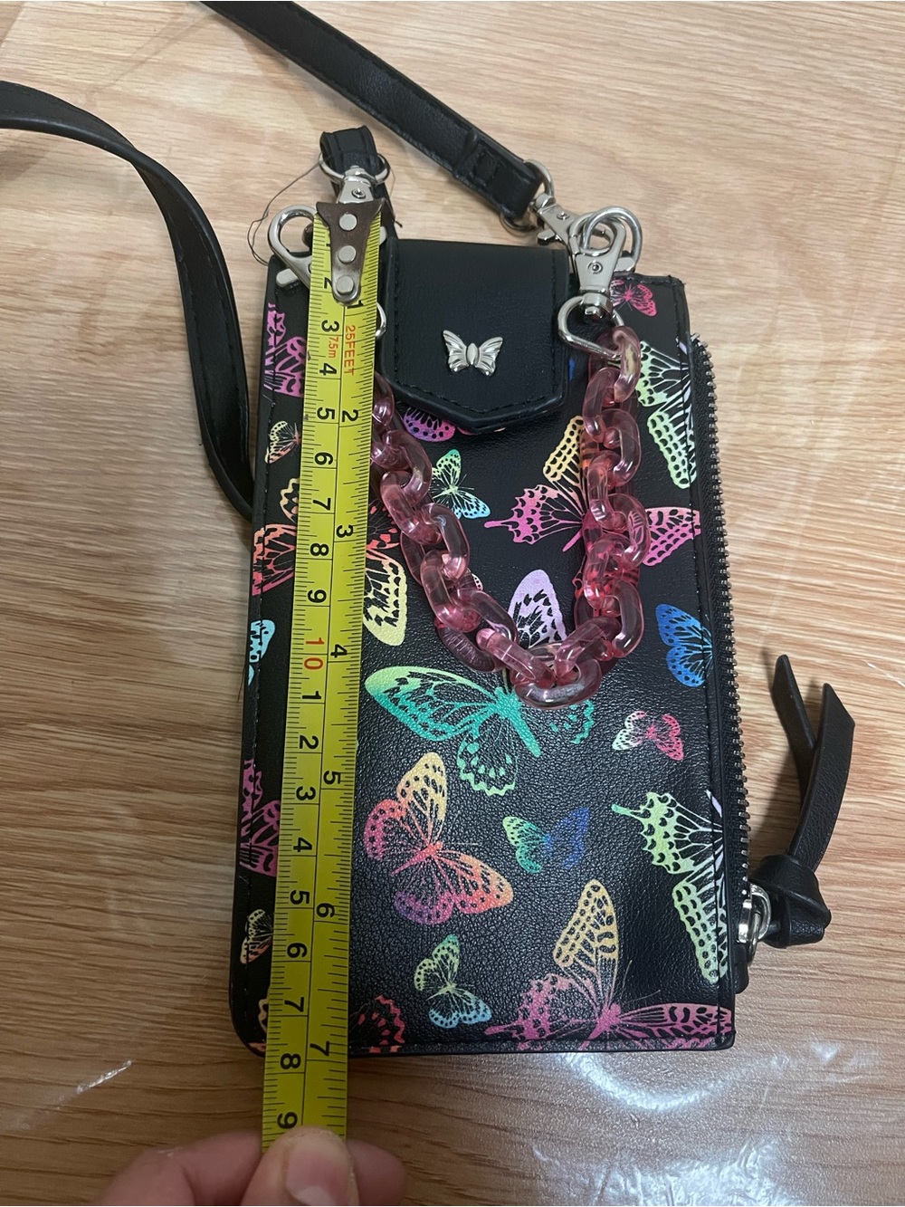 Butterfly Print Black Crossbody Phone Bag with Pink Chain - Picture 13 of 14